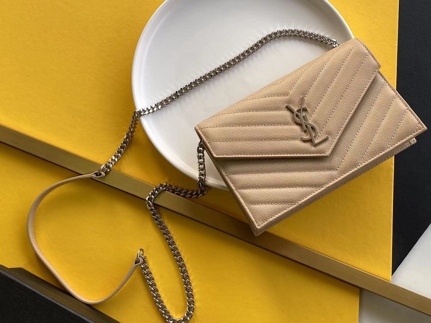 YSL Grain de Poudre Embossed Leather Chain Bag Clutch