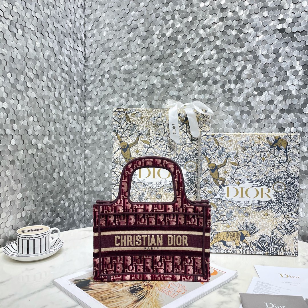 Dior Book Tote Handbags Tote Bags Embroidery Cotton Velvet Mini