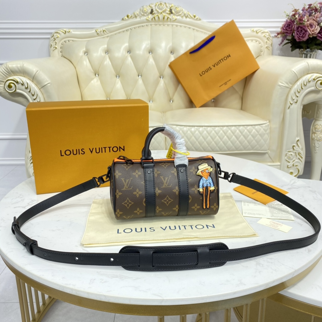 Louis Vuitton LV Keepall Bags Handbags Black Orange Embroidery Men Canvas M80201