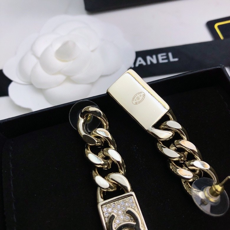 chanel gold chain tag drop earrings