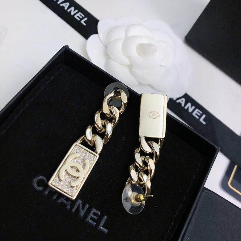 chanel gold chain tag drop earrings