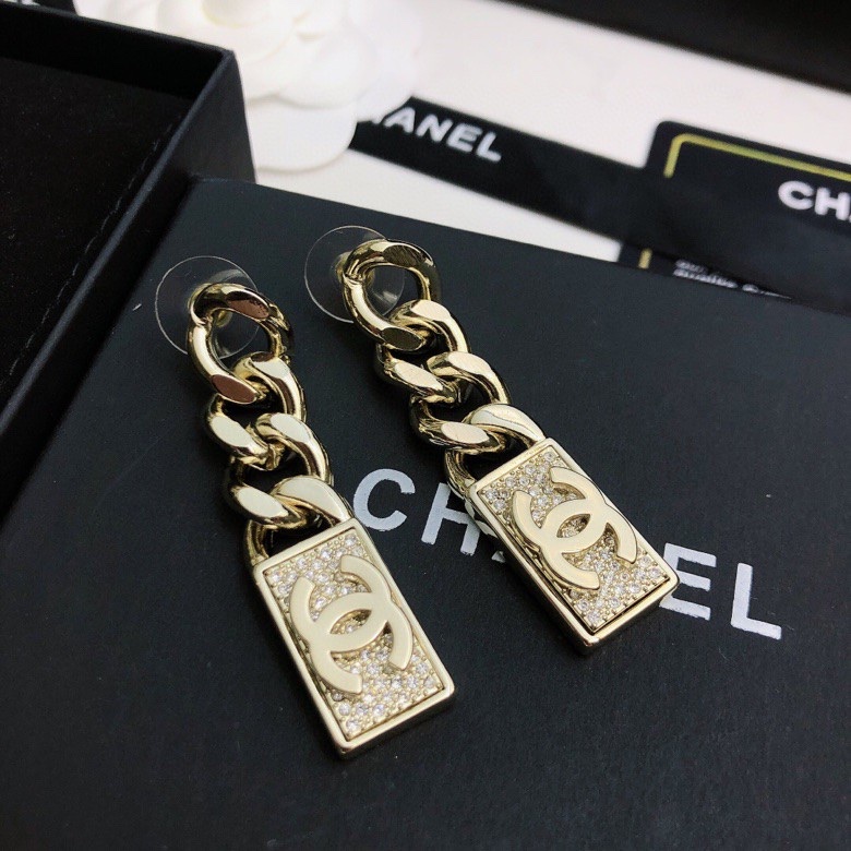 chanel gold chain tag drop earrings