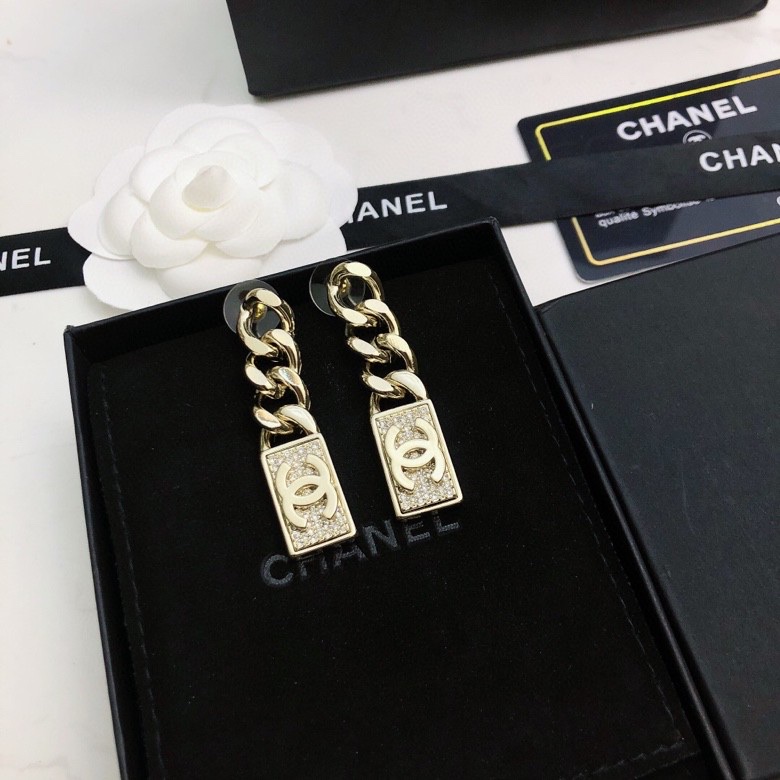chanel gold chain tag drop earrings