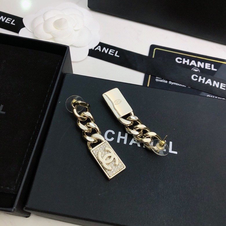 chanel gold chain tag drop earrings