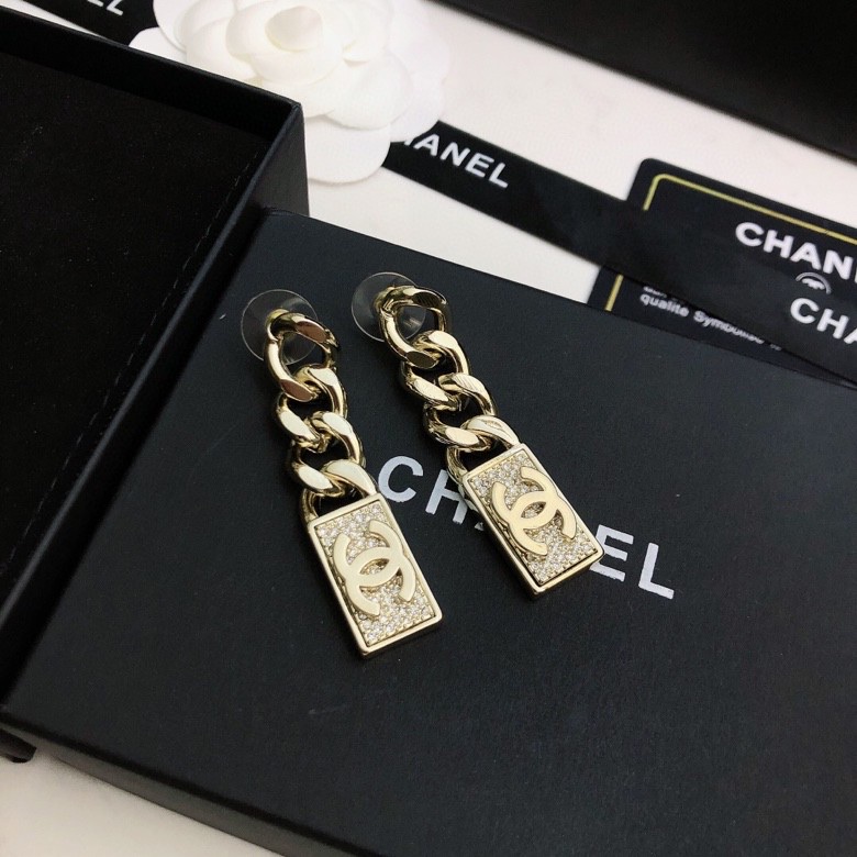 chanel gold chain tag drop earrings