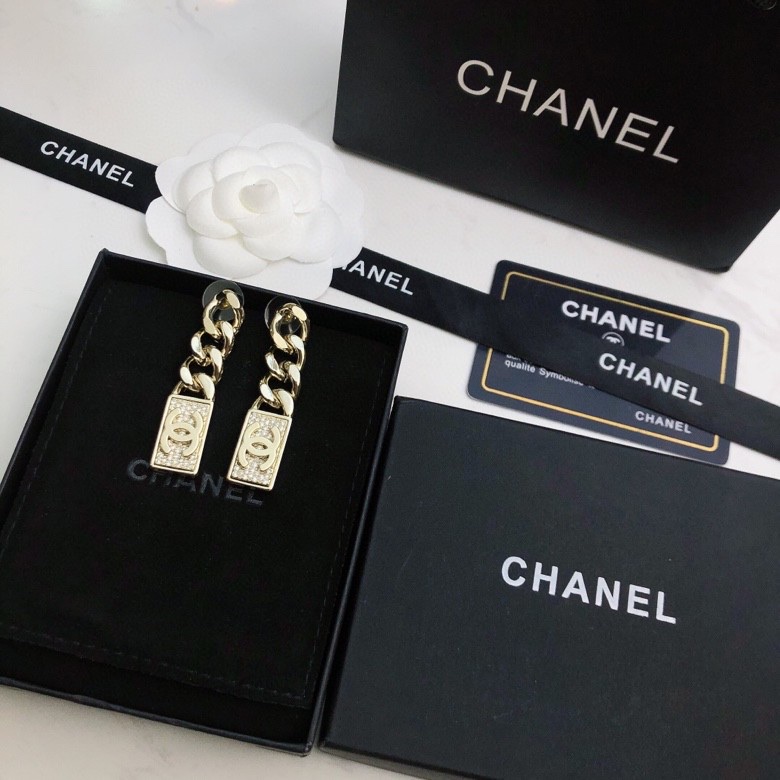 chanel gold chain tag drop earrings