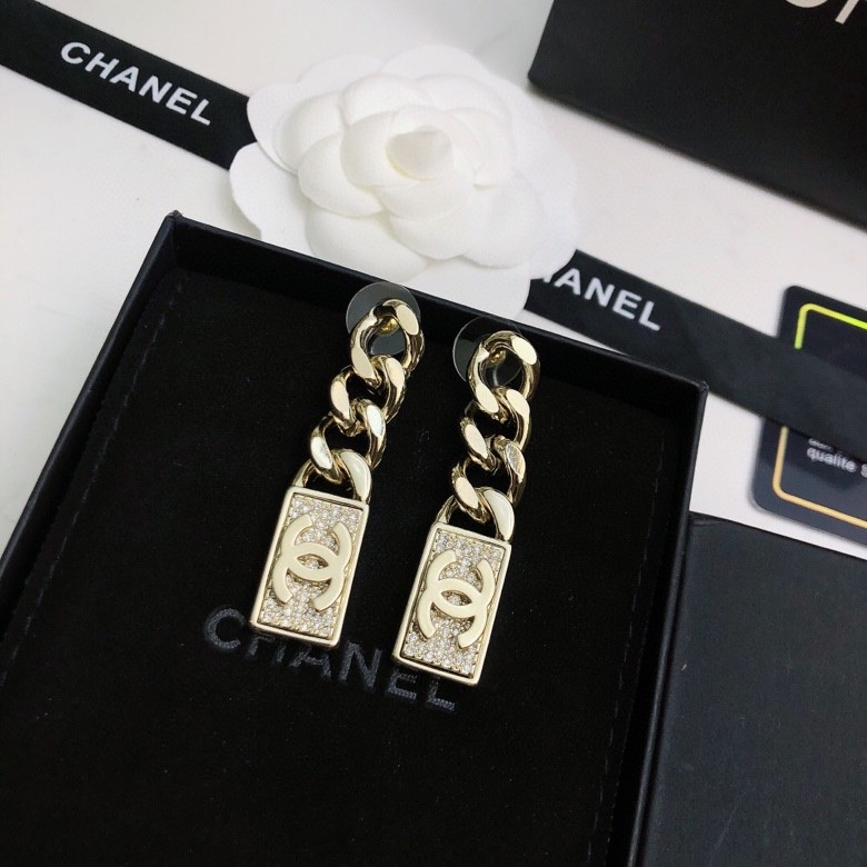 chanel gold chain tag drop earrings