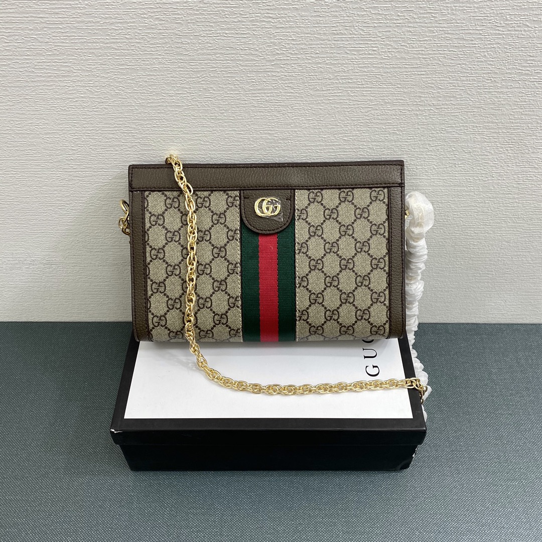 GUCCI ophidia链条包  🅿️190
走秀爆款.复古又经典. 构造简约加上经典双G印花搭配.手感.质感一流.原版五金链条.斜挎手拿随时转换.深受好评时尚百搭. 
规格：26*17.5*8cm