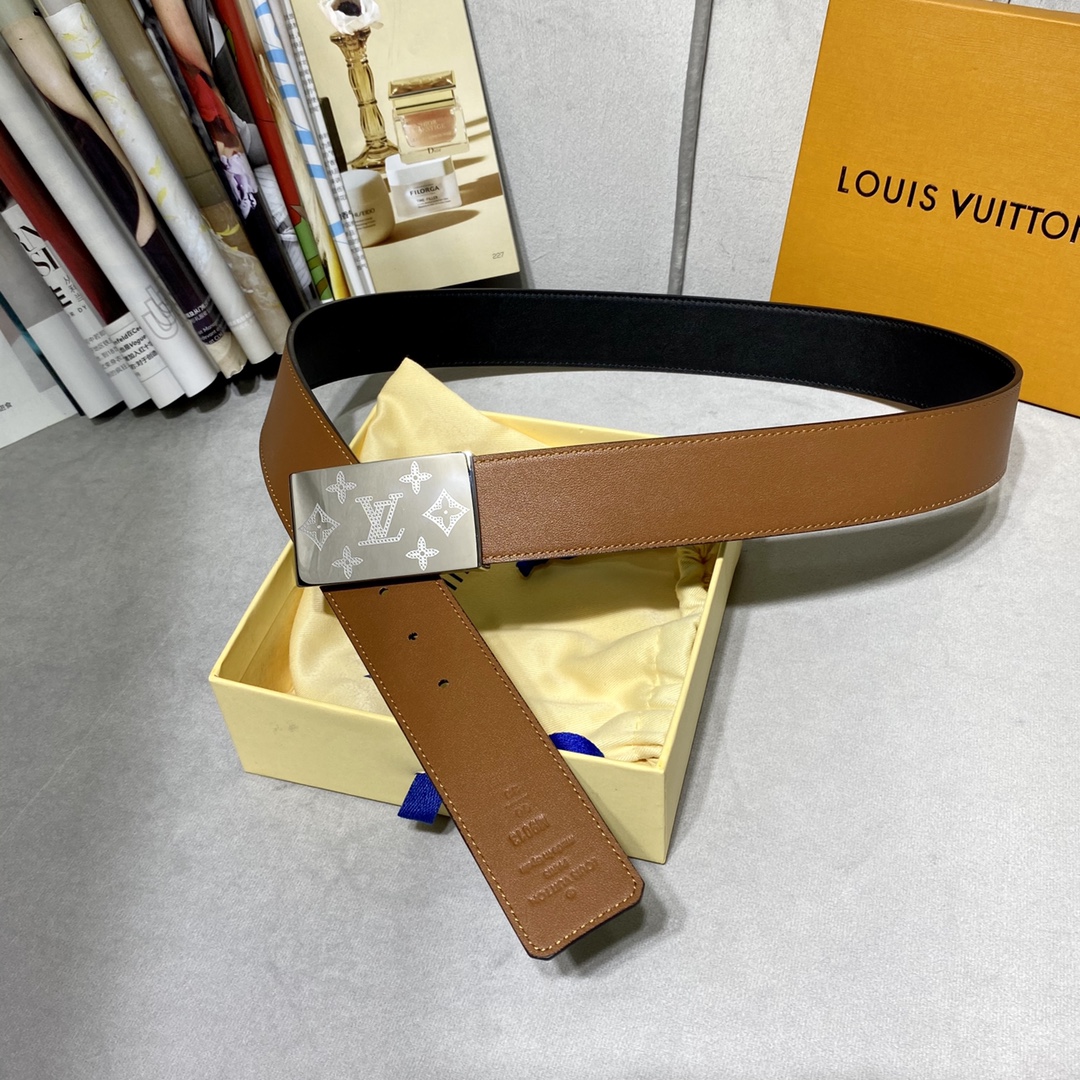 Louis Vuitton Belts Black Coffee Color Grey Men Calfskin Cowhide