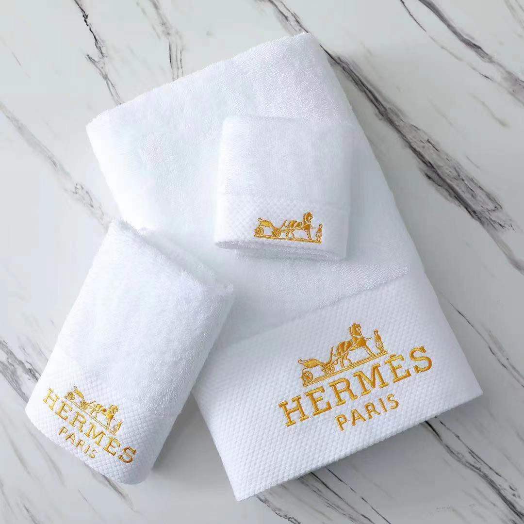 Hermès Paris Towel Set - 100% Pakistan Cotton, Soft, Absorbent, Gold Embroidery