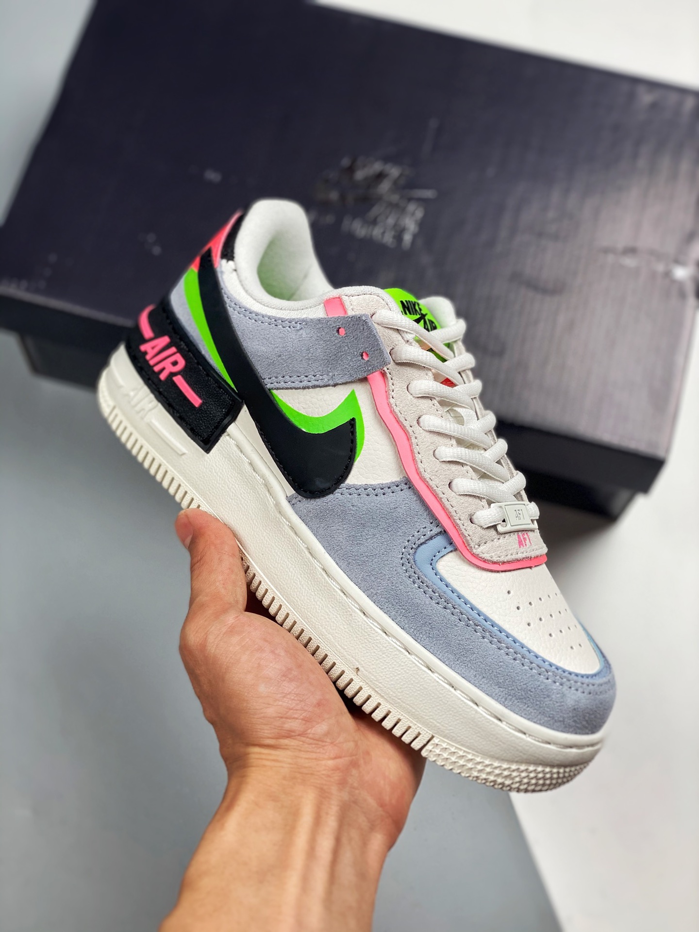 Air Force 1 Shadow azul, rosa y verde, zapatilla baja versátil con aumento de altura ligero, "macarrones empalmados", n…