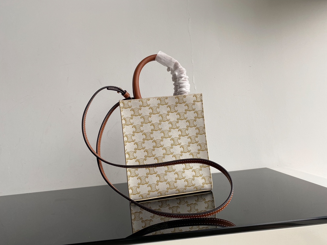 CELINE CABAS TRIOMPHE white flower totepresbyopia fabric MiNi vertical handbag, inside slip pocket, adjustable and removable leather shoulder str