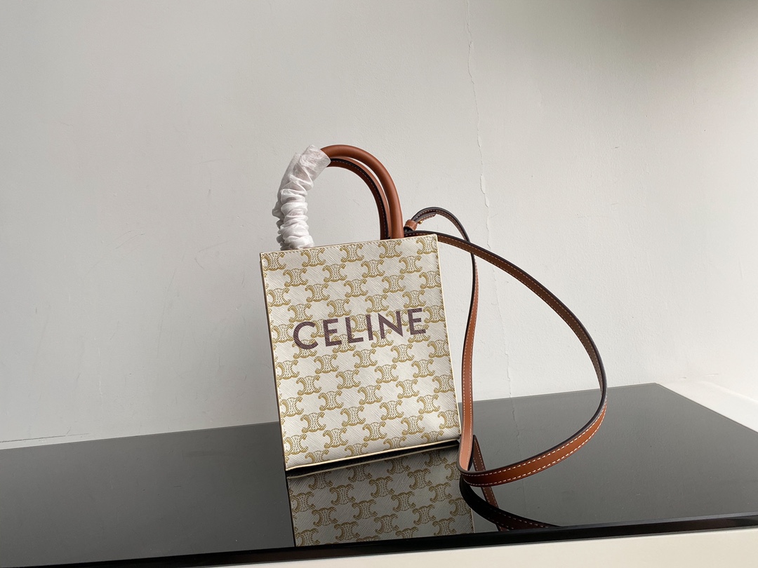 CELINE CABAS TRIOMPHE white flower totepresbyopia fabric MiNi vertical handbag, inside slip pocket, adjustable and removable leather shoulder str
