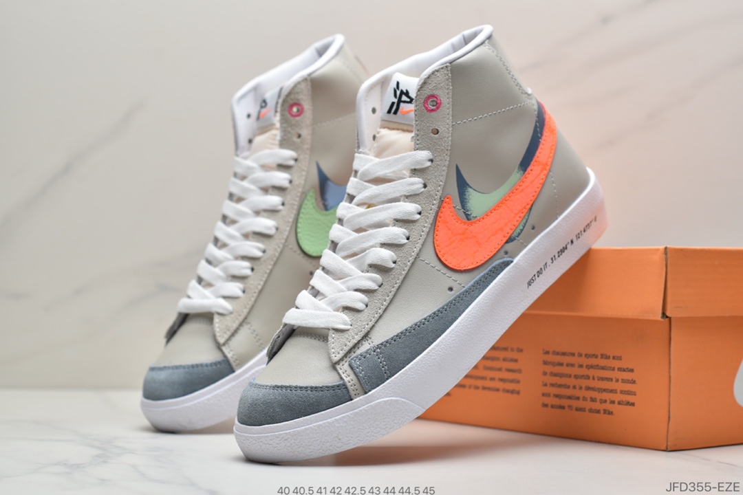 170 耐克Nike BLAZER LOW Thew Way 开拓者高帮时尚休闲板鞋 为概念的 Nike Blazer,标志着Nike在篮球鞋领域迈出的第一步。 Nike Blazer最为醒目的标志就是在鞋身侧面硕大的 Swoosh,细纹皮革鞋面和优质橡胶大底的使用,令球鞋的支撑性、稳定性和缓震性有了巨大提升 DC3278 280 尺码：40 40.5 41 42 42.5 43 44 44.5 45  ID：JFD355-EZE