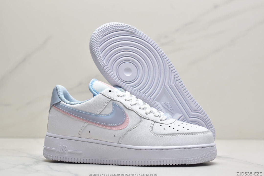 240 Nike Air Force 1’07 GS”White LT Armory Blue”空军一号经典低帮百搭休闲运动板鞋“皮革白淡蓝浅粉双钩子”CW1574-100