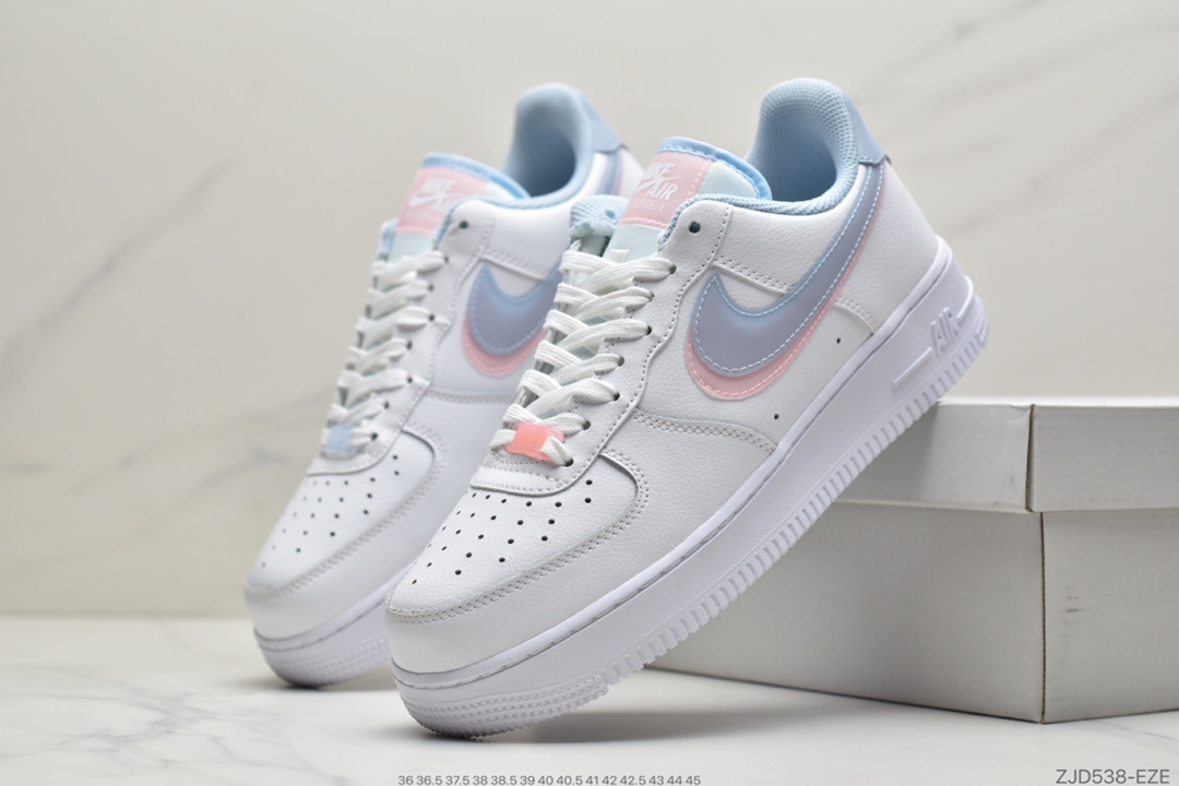 240 Nike Air Force 1’07 GS”White LT Armory Blue”空军一号经典低帮百搭休闲运动板鞋“皮革白淡蓝浅粉双钩子”CW1574-100