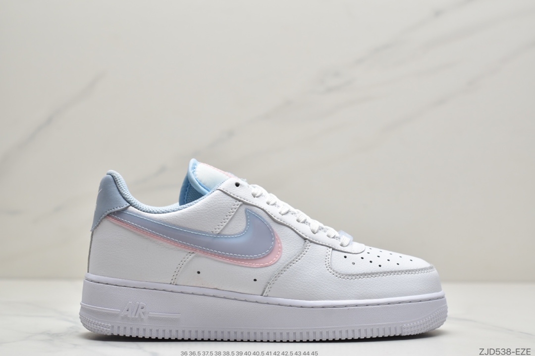 240 Nike Air Force 1’07 GS”White LT Armory Blue”空军一号经典低帮百搭休闲运动板鞋“皮革白淡蓝浅粉双钩子”CW1574-100