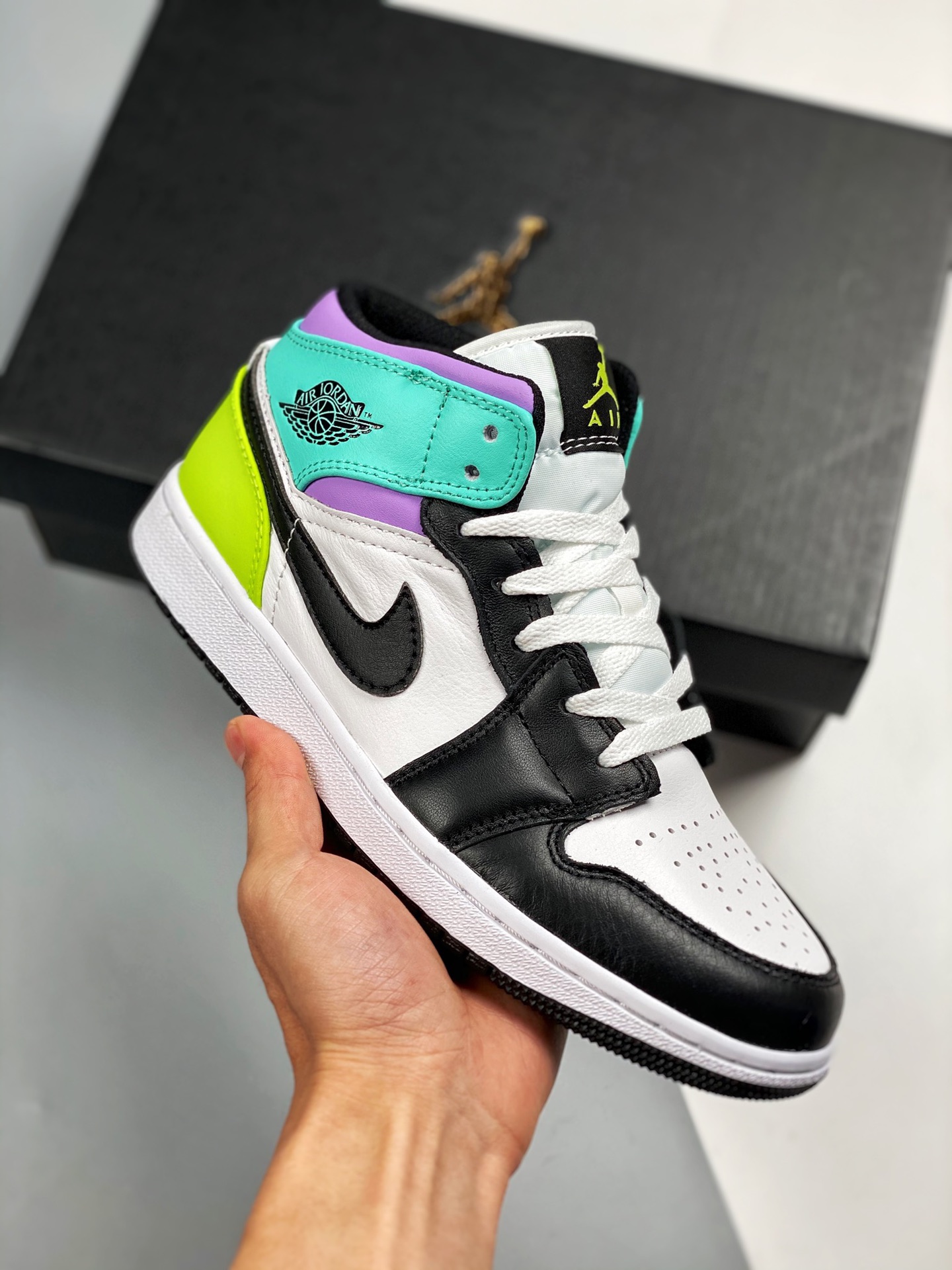 Air Jordan 1 Mid negro morado verde combinación serie media caña nuevo lote suela original con molde original cuero per…