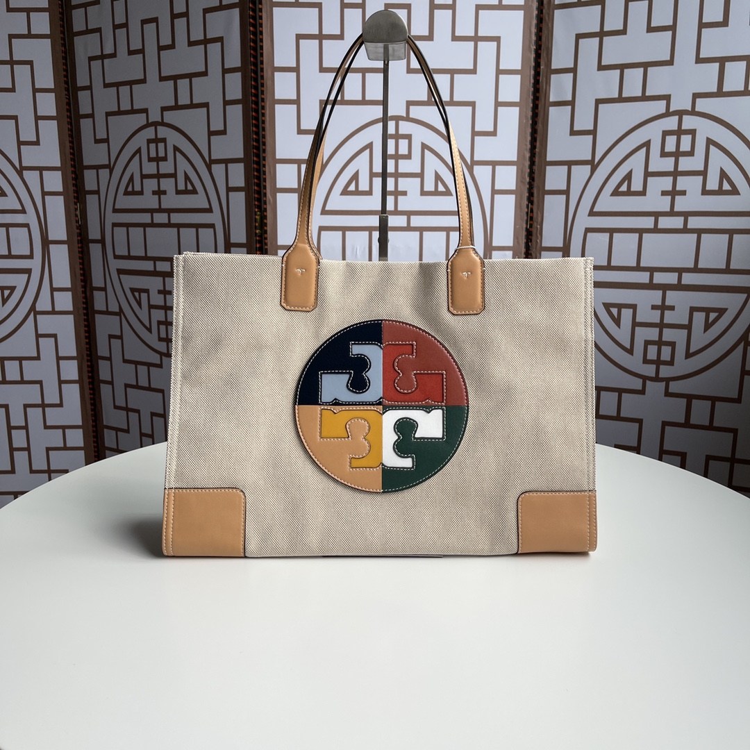 Tory Burch Ella 大号 帆布 彩色LOGO 托特包 整个LOGO全皮拼接