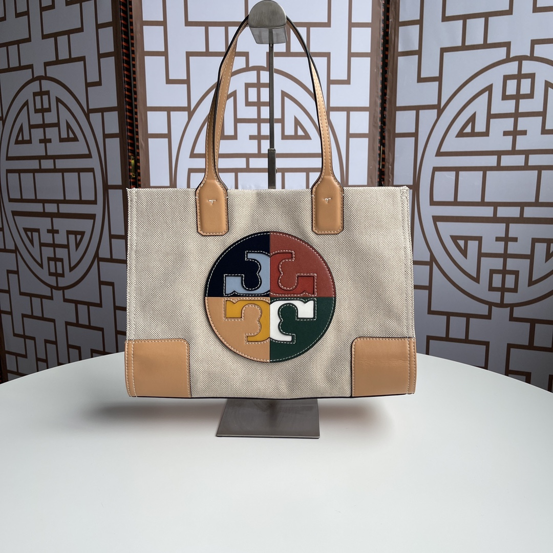 Tory Burch Ella 帆布 彩色LOGO 小号托特包 整个LOGO全皮拼接