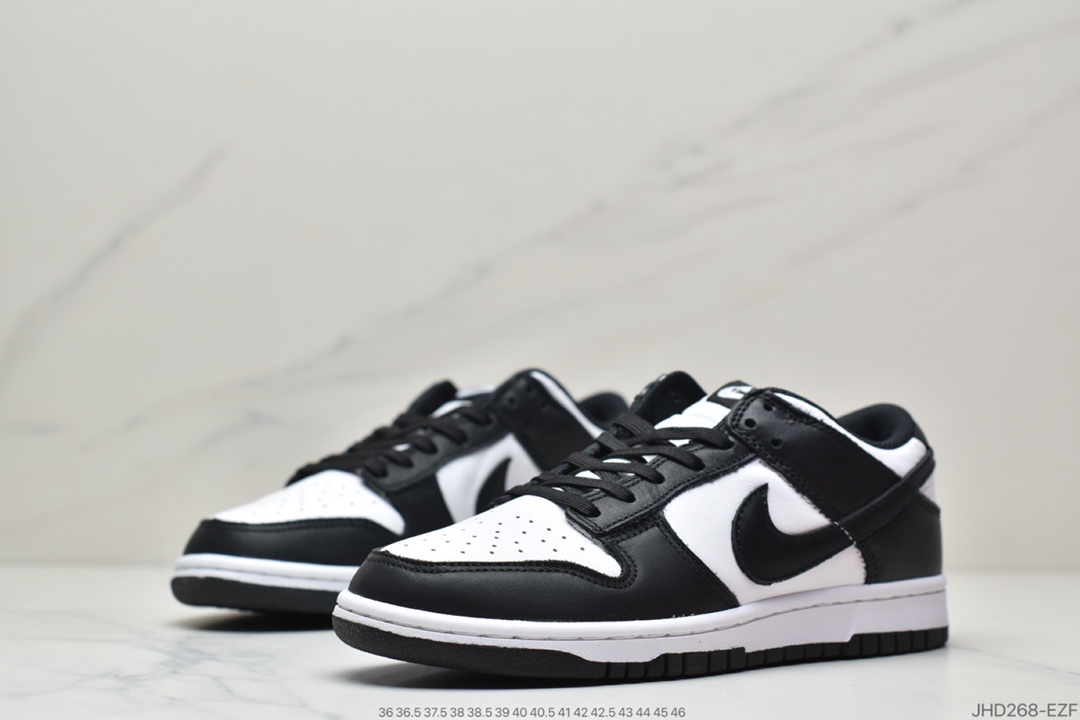 190 Nike Dunk Low“Black” “黑白熊猫”扣篮系列低帮休闲运动滑板板鞋，该鞋款在 Dunk Low 经典造型的基础上，采用黑色打造鞋身框架，辅以白色填充，黑白双色的经典搭配，呈现出更具街头感受的视觉效果。最后以白色中底搭配黑色外底，完善整双鞋的设计，这样的经典造型，称之为「熊猫」Dunk Low！女鞋 DD1503-101男鞋 DD1391-100 SIZE：36 36.5 37.5 38 38.5 39 40 40.5 41 42 42.5 43 44 44.5 45 46  ID：JHD268-EZF