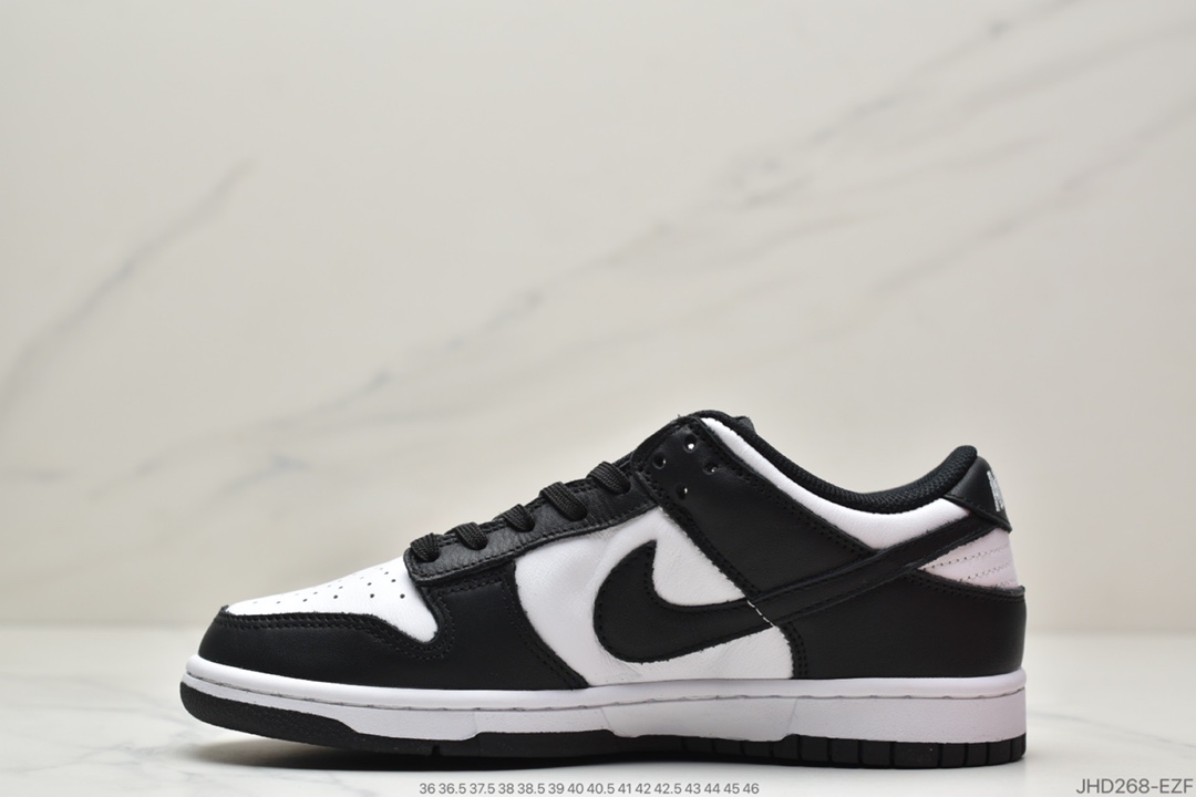 190 Nike Dunk Low“Black” “黑白熊猫”扣篮系列低帮休闲运动滑板板鞋，该鞋款在 Dunk Low 经典造型的基础上，采用黑色打造鞋身框架，辅以白色填充，黑白双色的经典搭配，呈现出更具街头感受的视觉效果。最后以白色中底搭配黑色外底，完善整双鞋的设计，这样的经典造型，称之为「熊猫」Dunk Low！女鞋 DD1503-101男鞋 DD1391-100 SIZE：36 36.5 37.5 38 38.5 39 40 40.5 41 42 42.5 43 44 44.5 45 46  ID：JHD268-EZF