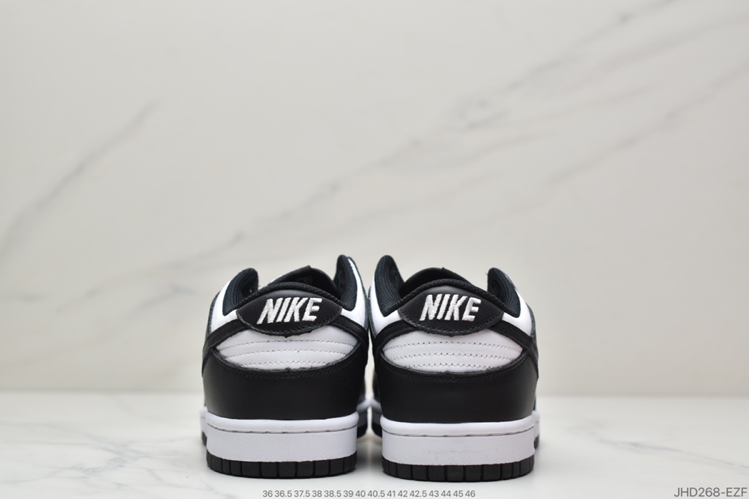 190 Nike Dunk Low“Black” “黑白熊猫”扣篮系列低帮休闲运动滑板板鞋，该鞋款在 Dunk Low 经典造型的基础上，采用黑色打造鞋身框架，辅以白色填充，黑白双色的经典搭配，呈现出更具街头感受的视觉效果。最后以白色中底搭配黑色外底，完善整双鞋的设计，这样的经典造型，称之为「熊猫」Dunk Low！女鞋 DD1503-101男鞋 DD1391-100 SIZE：36 36.5 37.5 38 38.5 39 40 40.5 41 42 42.5 43 44 44.5 45 46  ID：JHD268-EZF