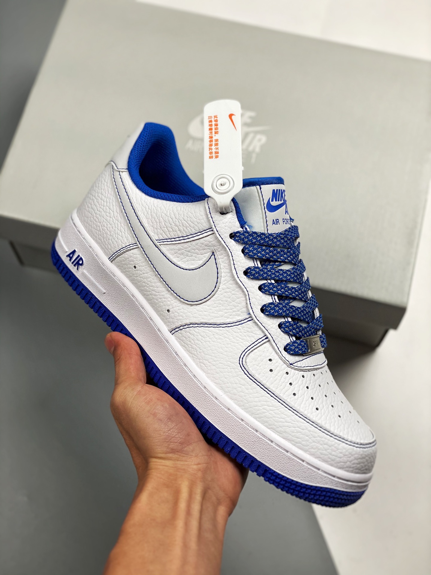 Air Force 1 '07 bolígrafo azul y blanco, horma original, cartón original, estilo auténtico de la Fuerza Aérea, enfocado…