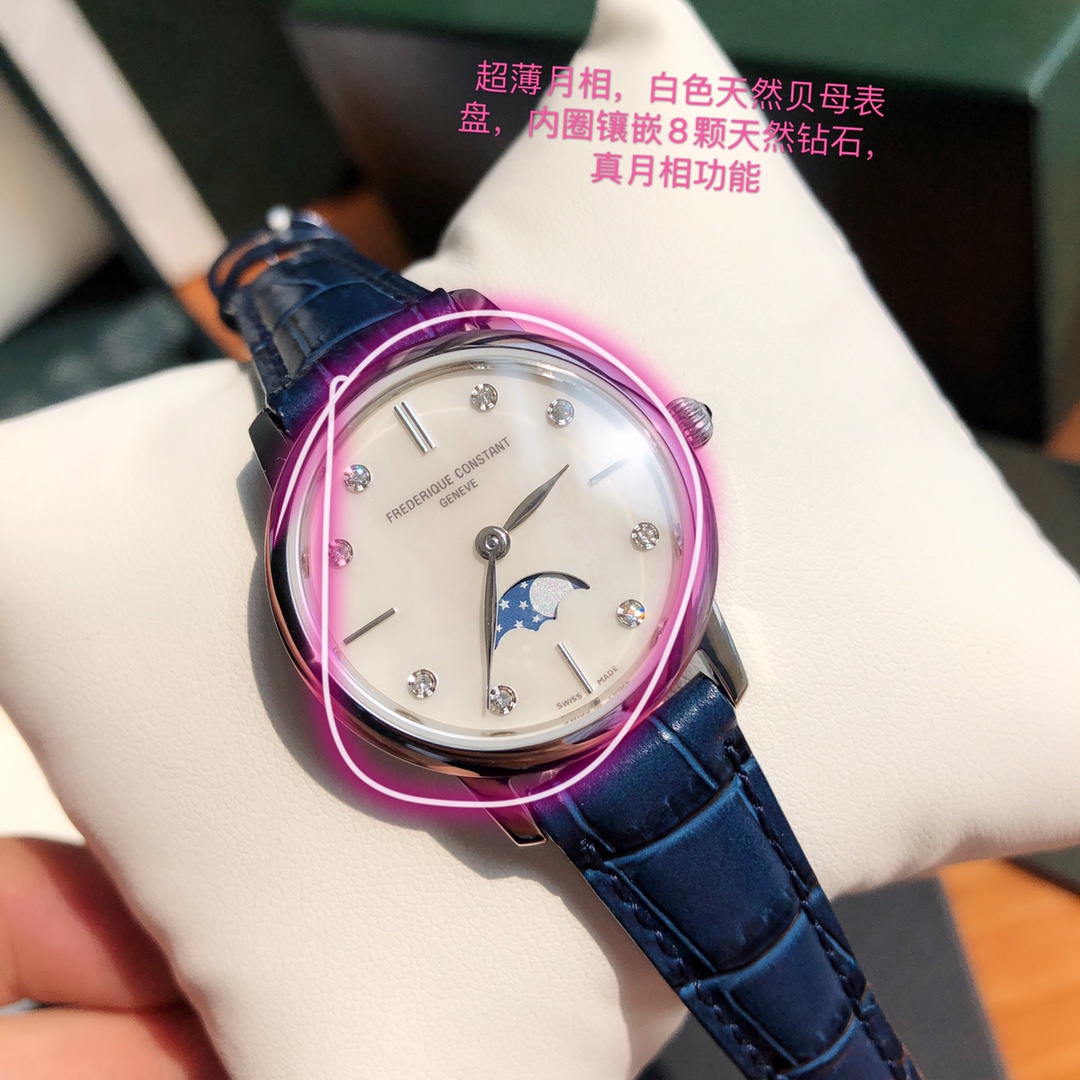 批💰750  独家新品！康斯登女士超薄月相系列，原单品质！[色][色][色]原装石英机芯（支持拆机验货），316精钢表壳，白色天然贝母表盘，镶嵌8个天然钻石，真月相功能，牛皮表带搭配简约针扣。康斯登超薄系列把风格，优雅，高品质，尺寸30MM，合理价格集于一身，献给最精致的小仙女！配全套专柜包装出！
