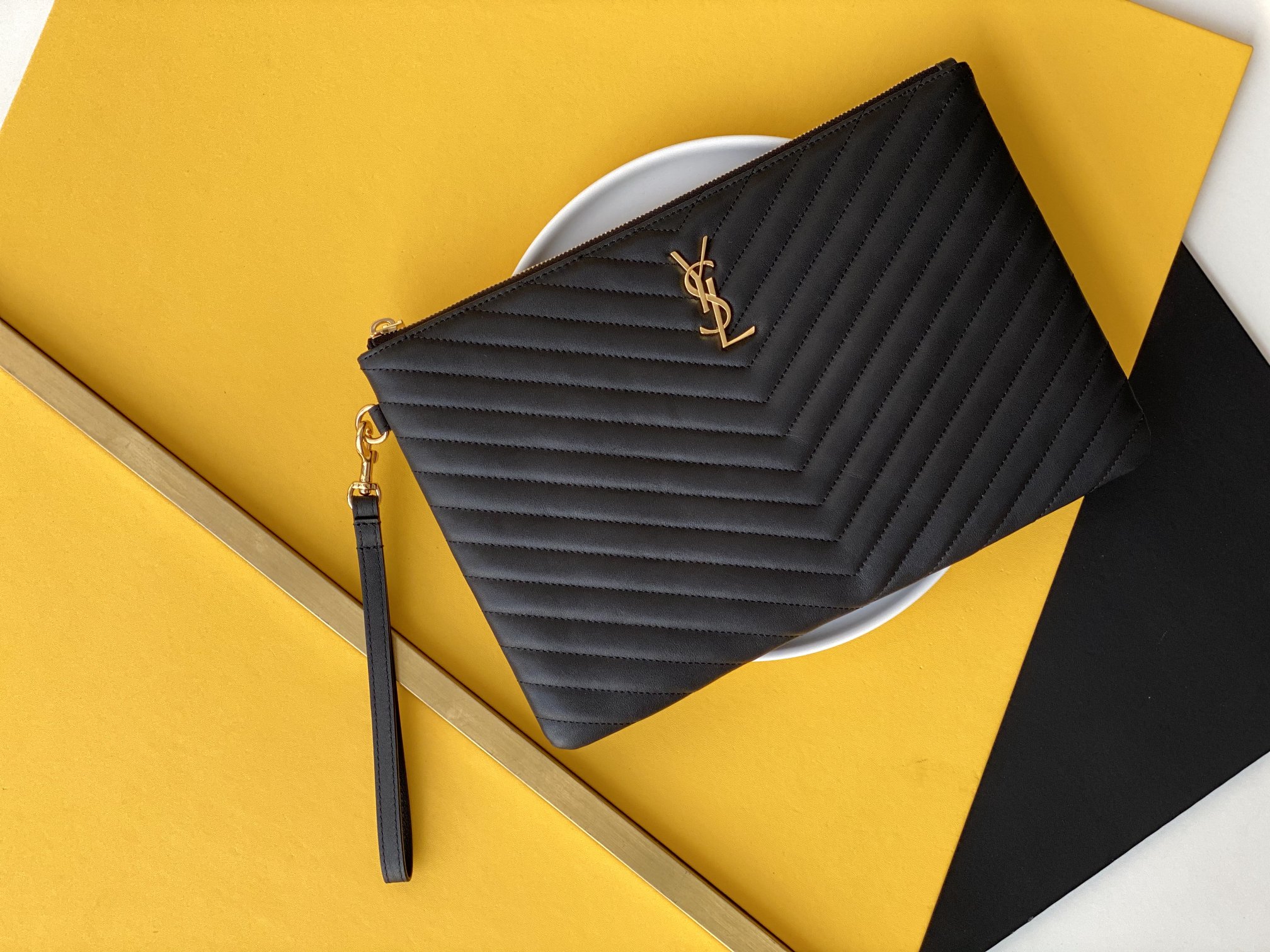 MONOGRAM jacquard panel document clutch calfskin detachable handle