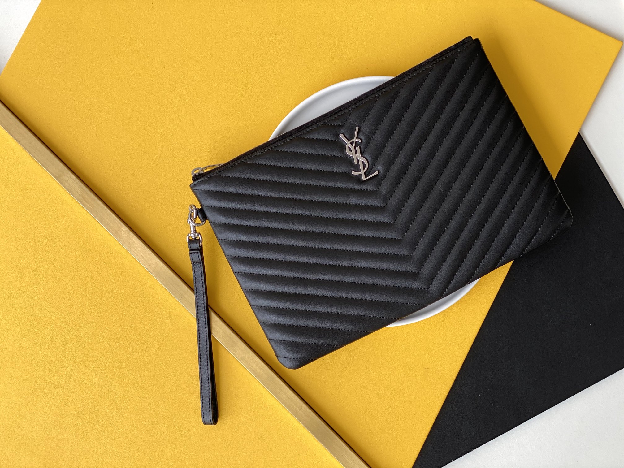 MONOGRAM jacquard panel document clutch calfskin grosgrain lining zip closure detachable handle