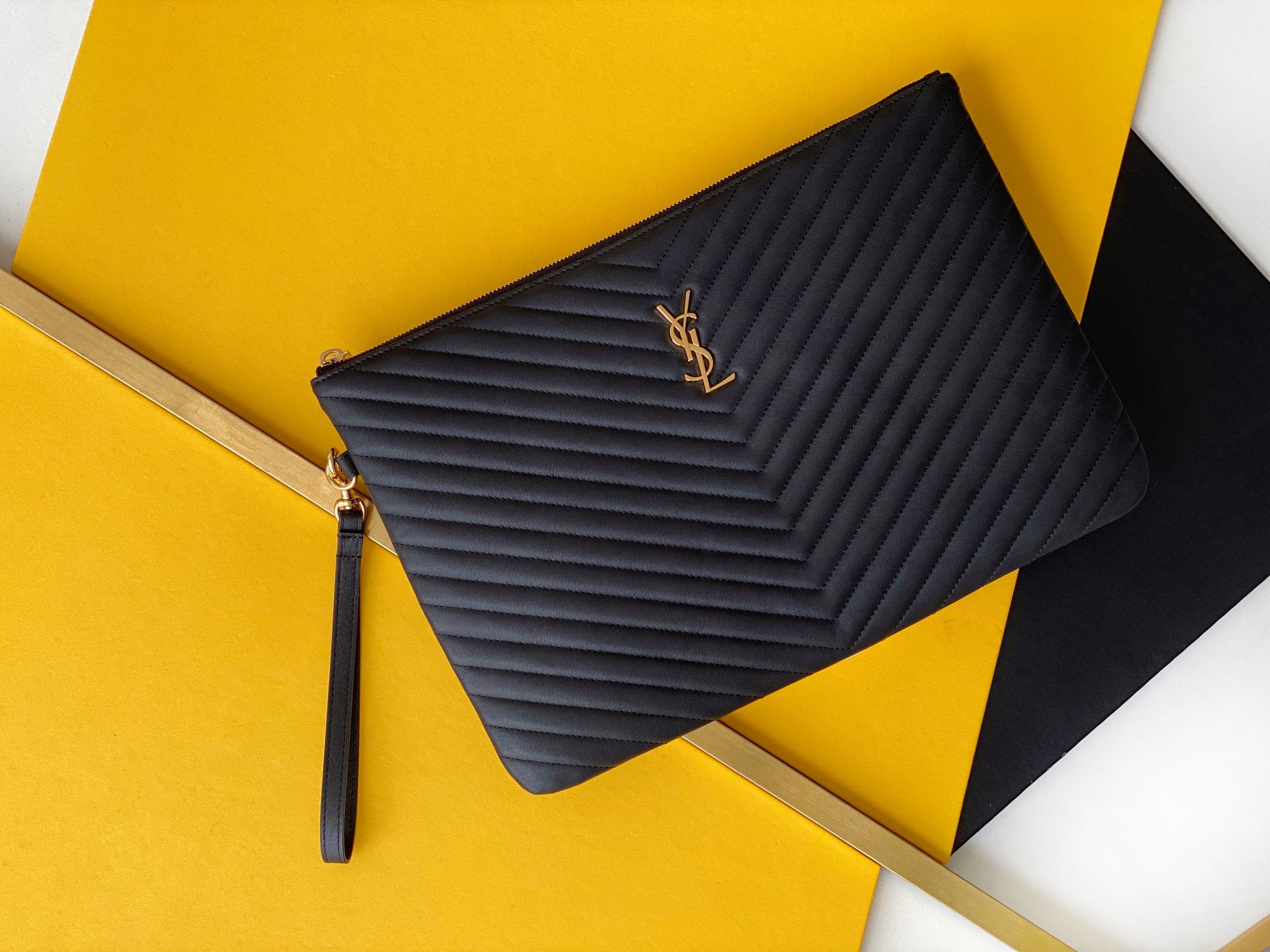 Calfskin Grosgrain Lining Jacquard Panel Document Clutch with Detachable Handle