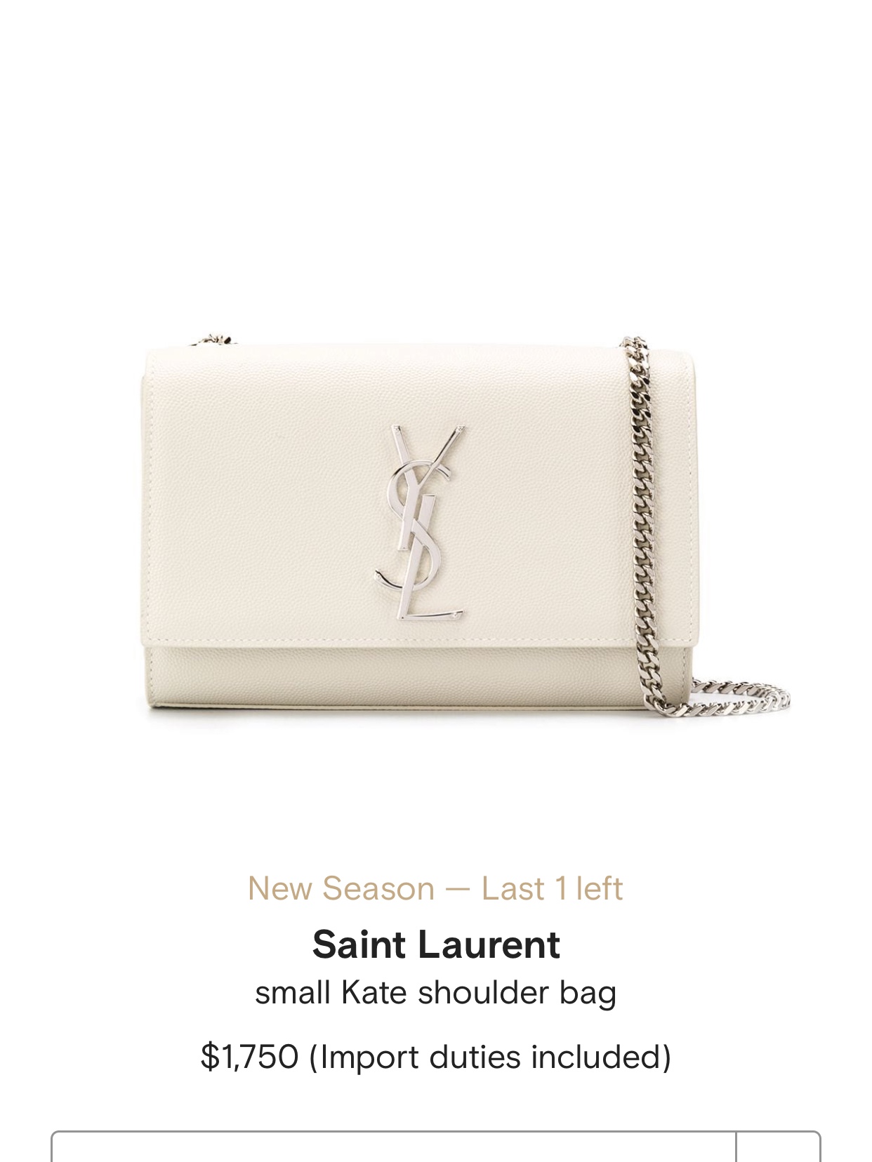 Saint laurent Ysl 𝙆𝙖𝙩𝙚 20𝙘𝙢 链条包 469390白色球纹银扣