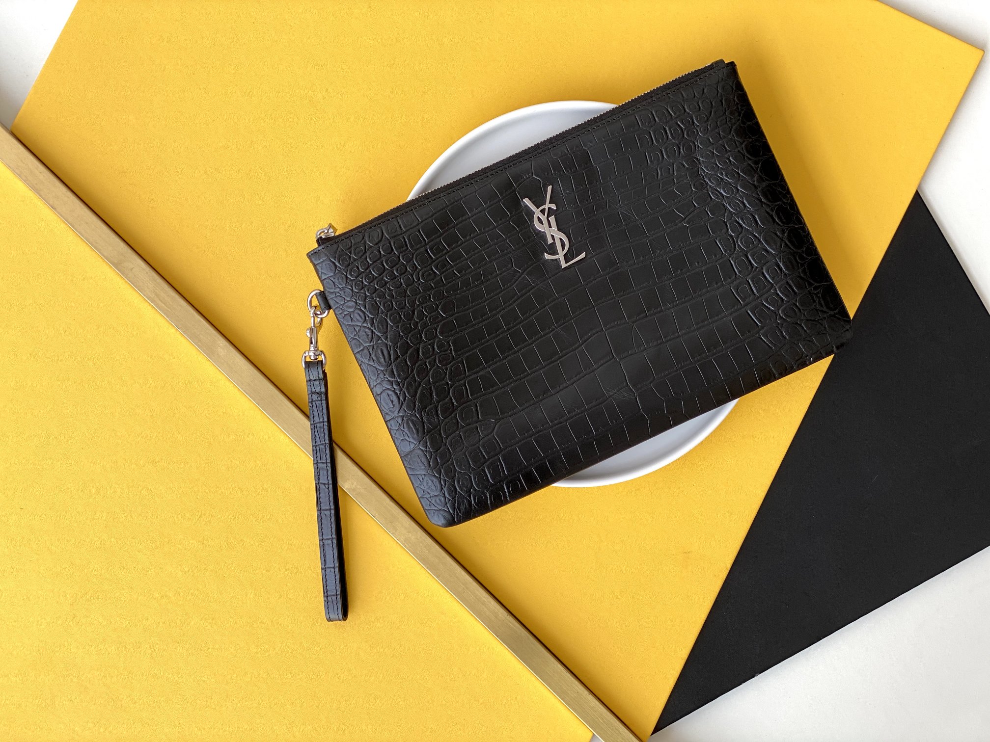 Crocodile-embossed calfskin document clutch, zip, detachable handle, card slots