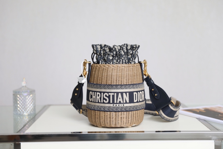 Dior Bucket Bags Blue Embroidery Weave Oblique