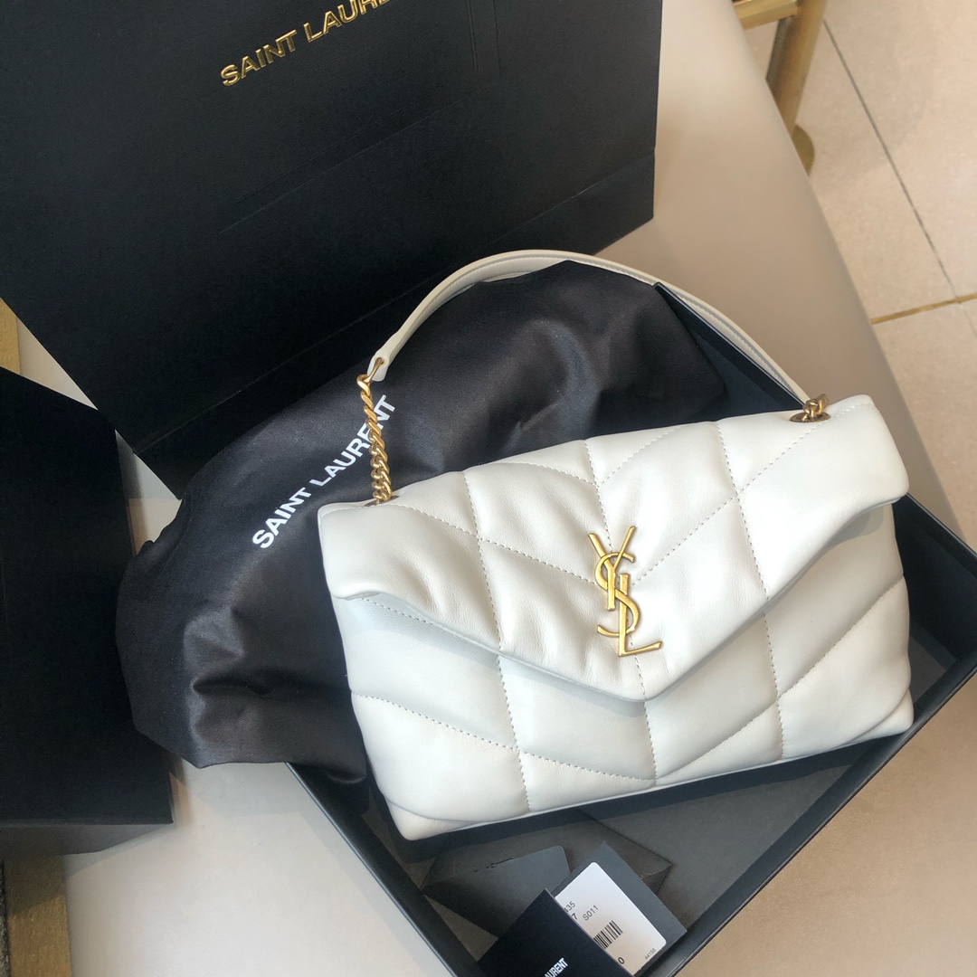 Ysl LOULOU PUFFER 23CM 迷你绗缝小羊皮包 620333白色/金扣