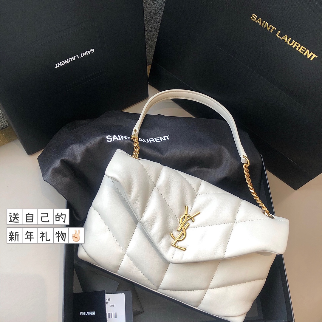 Ysl LOULOU PUFFER 23CM 迷你绗缝小羊皮包 620333白色/金扣