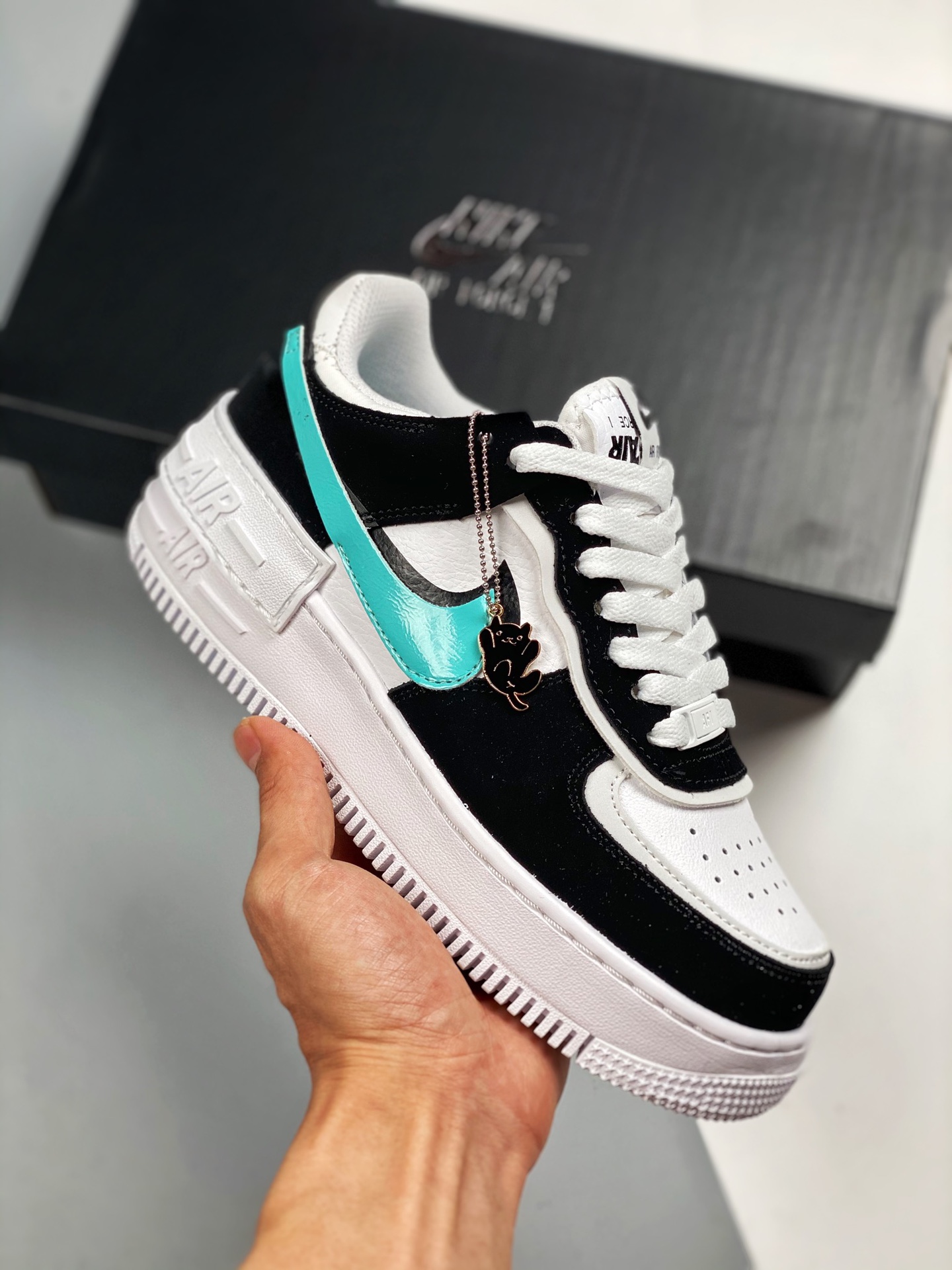 Air Force 1 Shadow blanco, negro y verde, Tiffany, zapatilla de skate ligera de caña baja con aumento de altura, "macar…