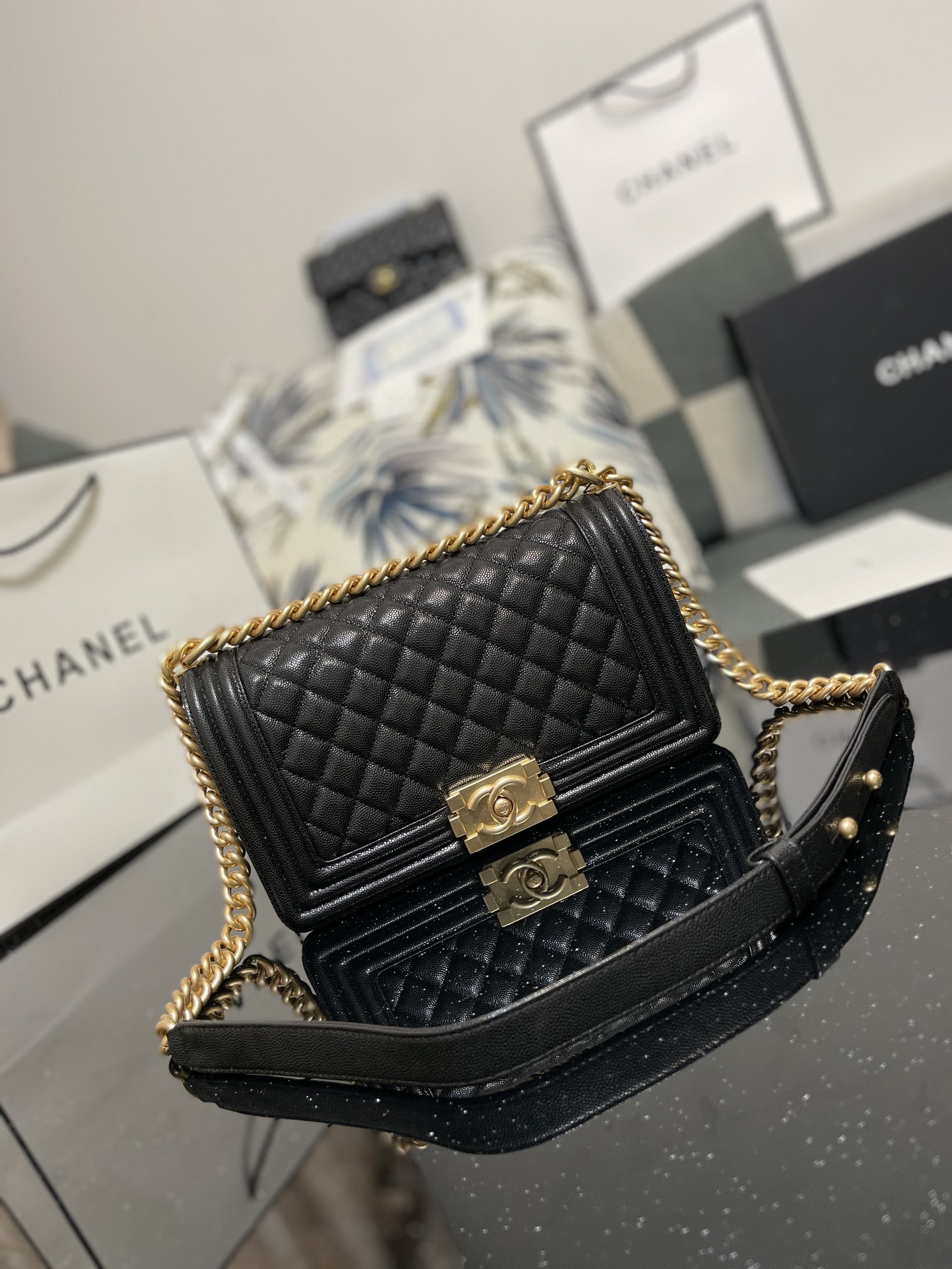 Chanel Boy Bag 25cm Black Grained Calfskin Gold-Tone Metal 2 i1617086315 178 0