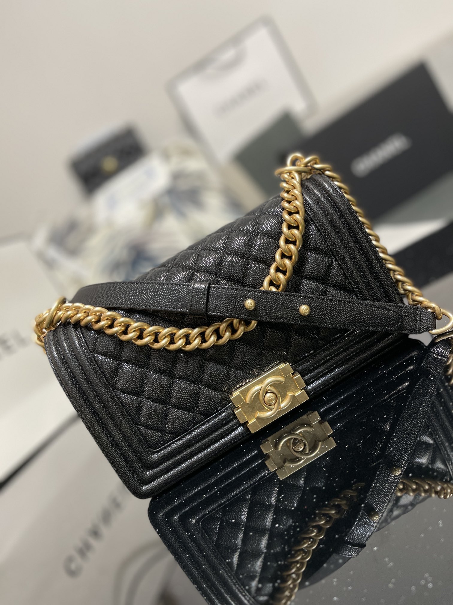 Chanel Boy Bag 25cm Black Grained Calfskin Gold-Tone Metal 4 i1617086315 1866 2