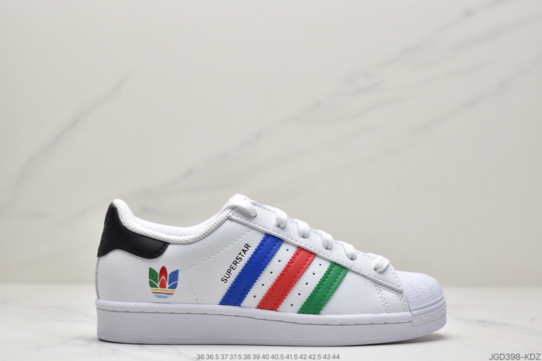 180 阿迪达斯Adidas三叶草 Originals Superstar”White/Red/Blue/Green”贝壳头经典百搭休闲运动板鞋“皮革白多色重叠三叶草刺绣LOGO”FU9521