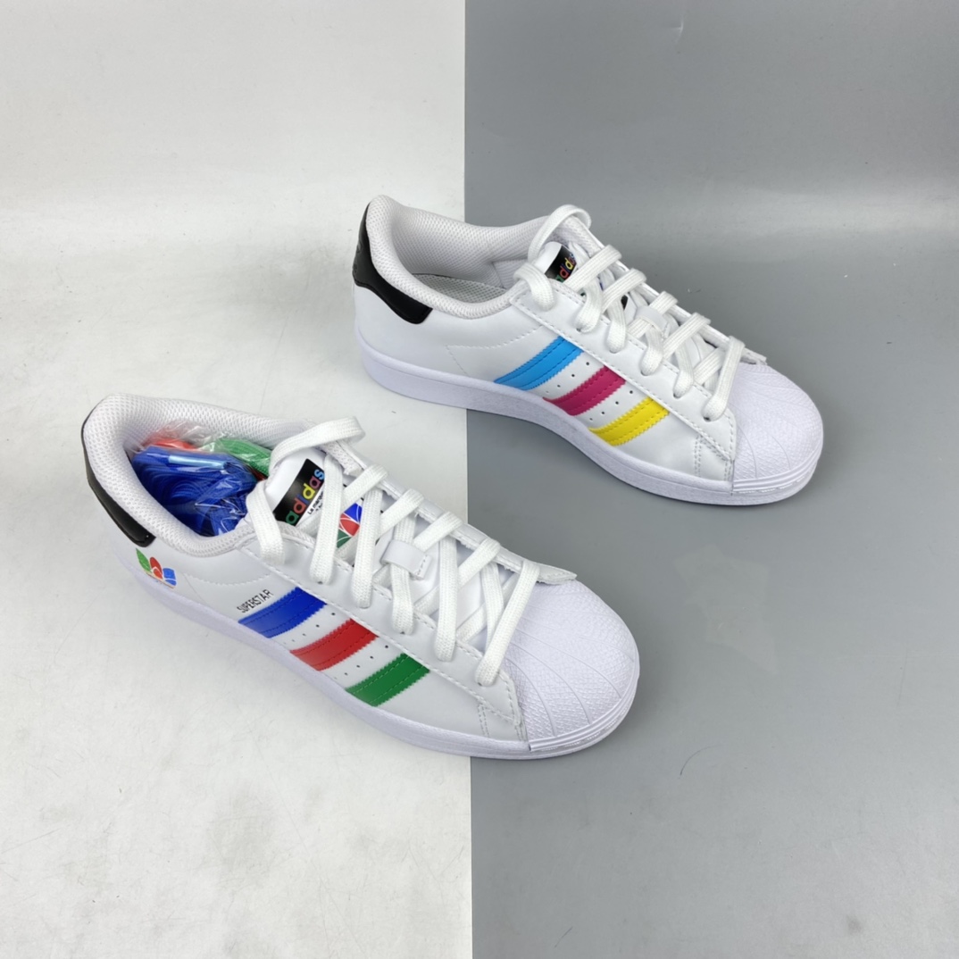 180  Originals Superstar”White/Red/Blue/Green” 三叶草贝壳头经典百搭休闲运动板鞋“皮革白多色重叠三叶草刺绣LOGO”FU9521