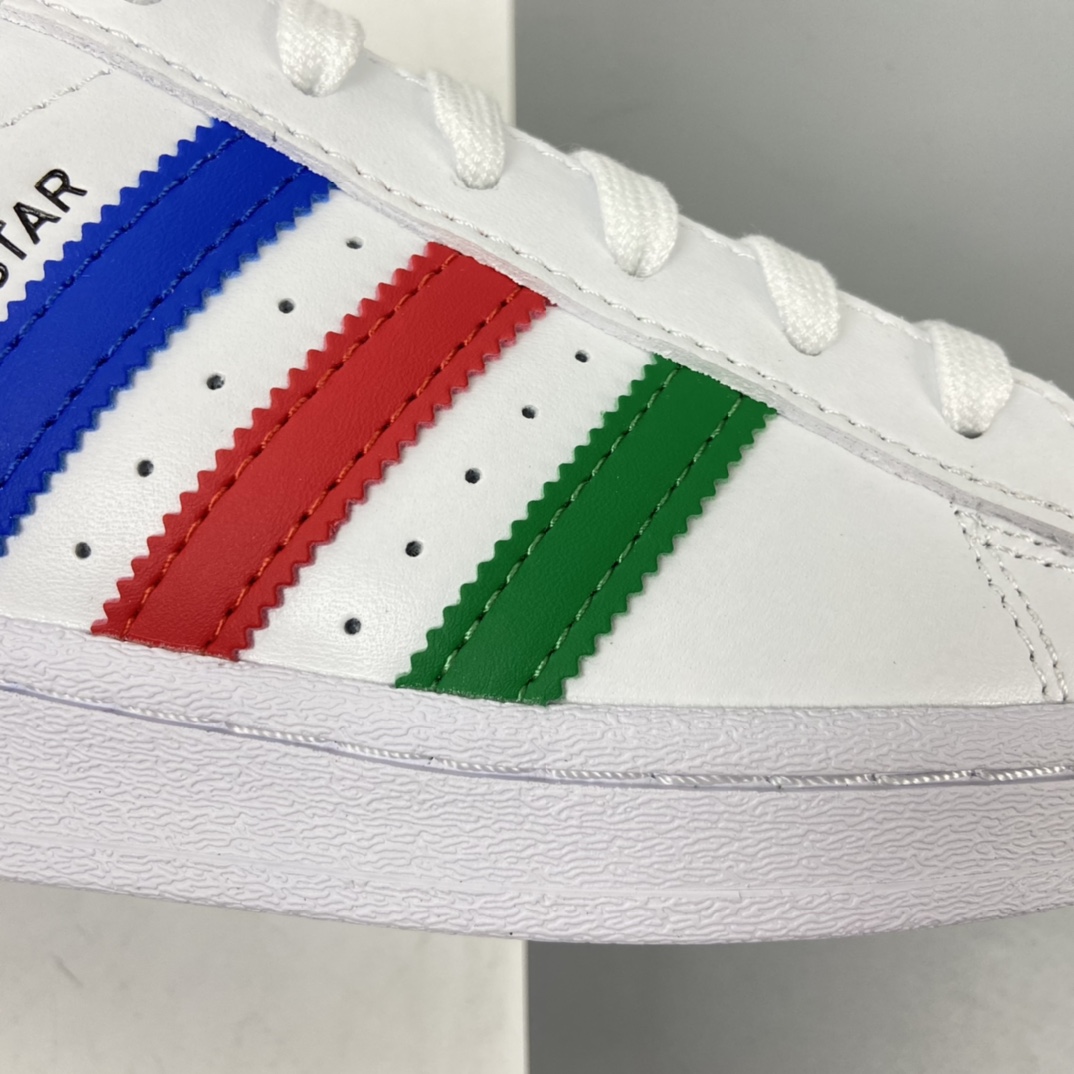 180  Originals Superstar”White/Red/Blue/Green” 三叶草贝壳头经典百搭休闲运动板鞋“皮革白多色重叠三叶草刺绣LOGO”FU9521