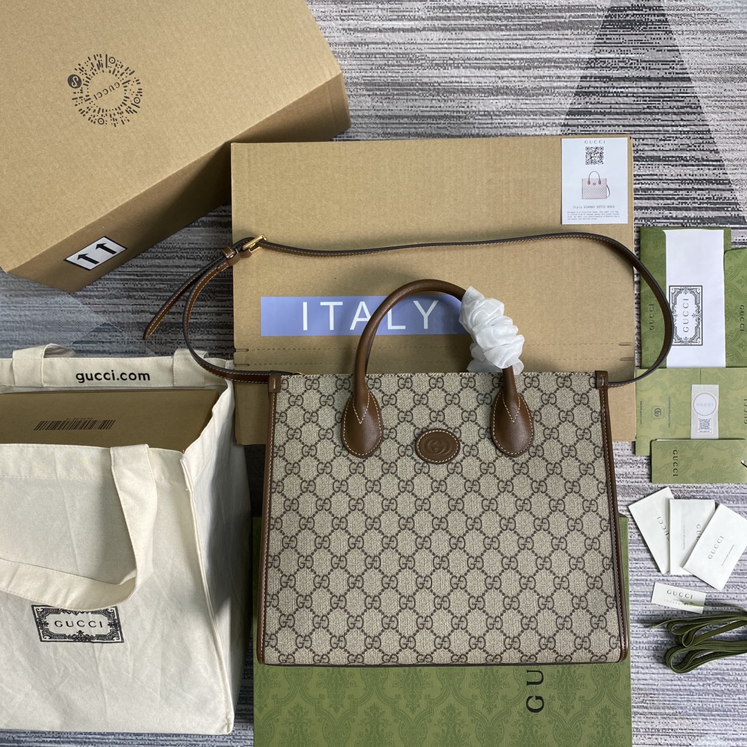GUCCI 托特包 GG Supreme帆布 皮革滾邊 手提肩帶