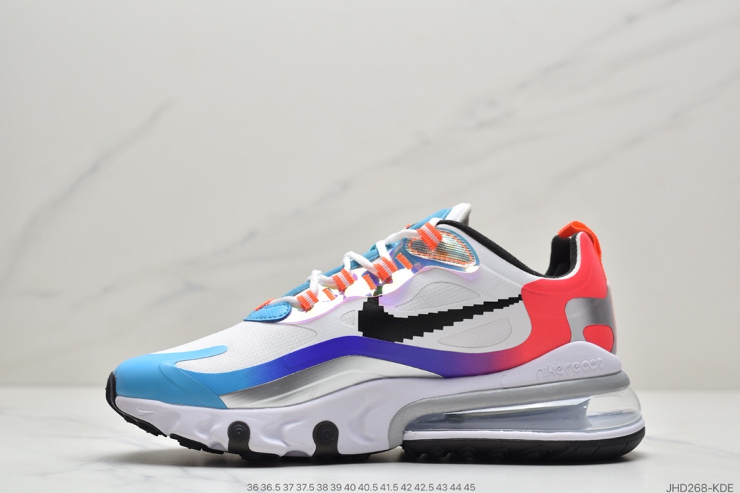 200  Air Max 270 React SE”Have A Good Game”270瑞亚赛车系列后半掌气垫百搭运动慢跑鞋“皮革白黑像素格钩子渐变蓝紫粉”DC0833-101