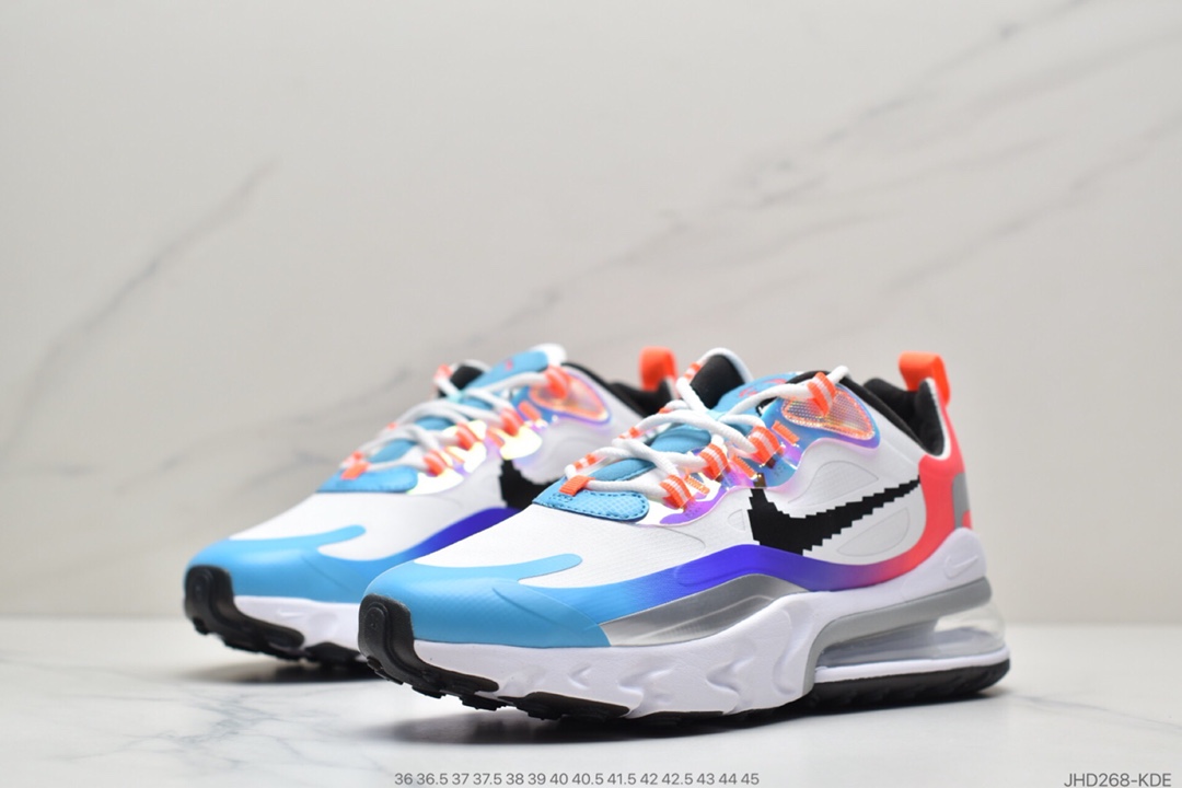 200  Air Max 270 React SE”Have A Good Game”270瑞亚赛车系列后半掌气垫百搭运动慢跑鞋“皮革白黑像素格钩子渐变蓝紫粉”DC0833-101