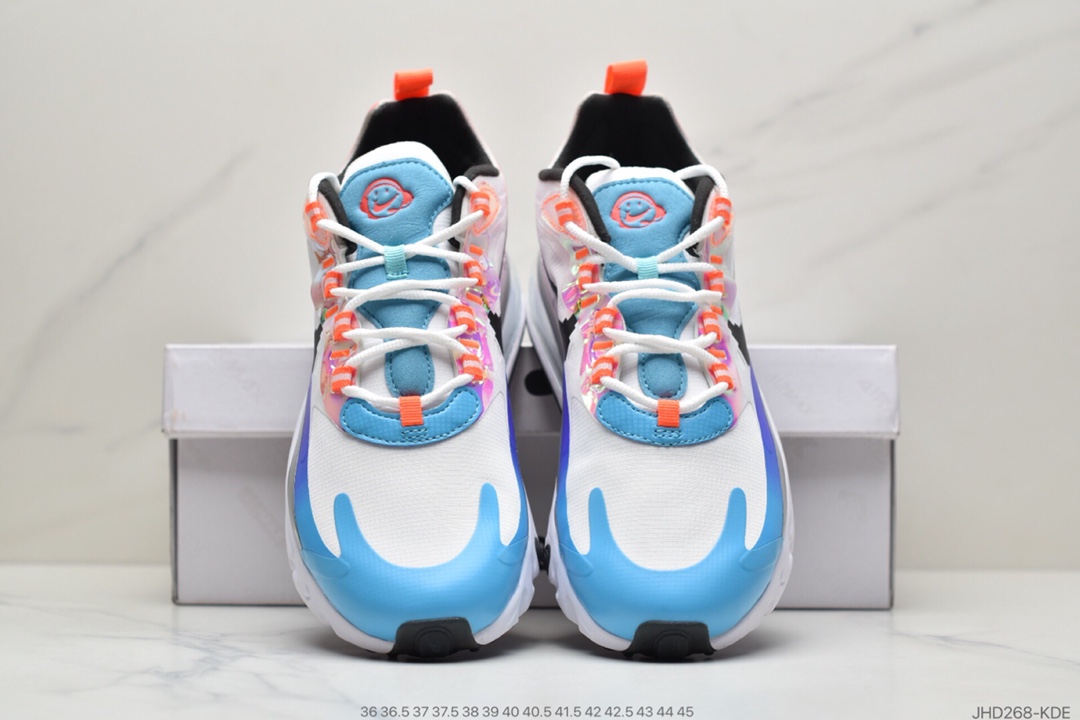 200  Air Max 270 React SE”Have A Good Game”270瑞亚赛车系列后半掌气垫百搭运动慢跑鞋“皮革白黑像素格钩子渐变蓝紫粉”DC0833-101