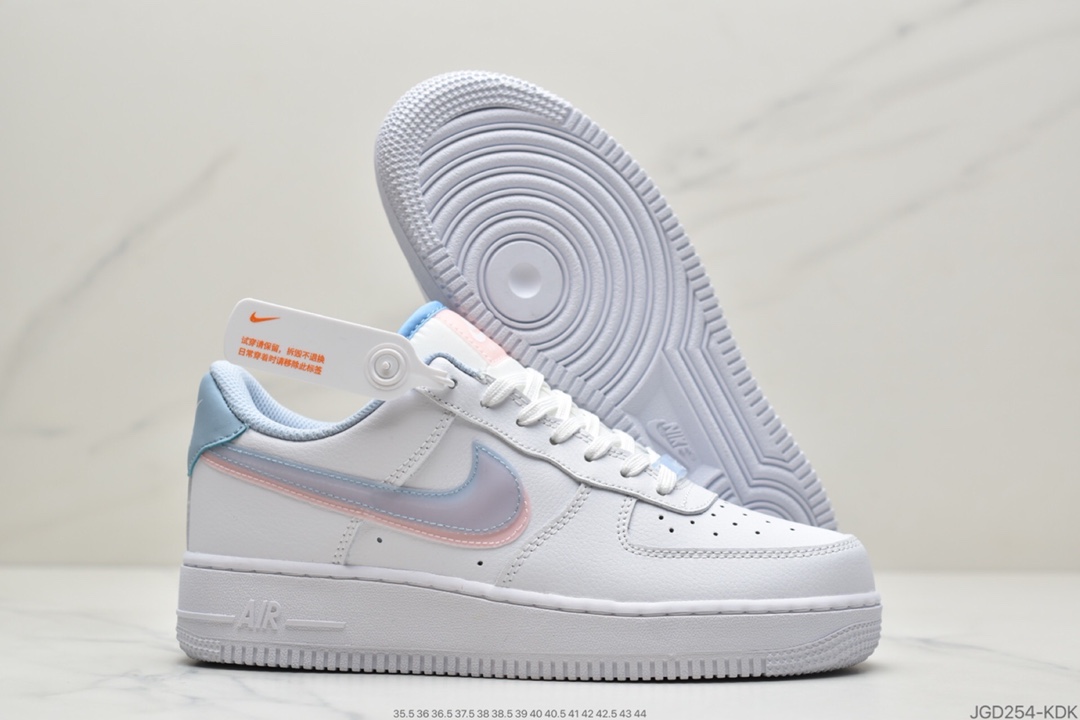 180 耐克Nike Air Force 1’07 GS”White LT Armory Blue”空军一号经典低帮百搭休闲运动板鞋“皮革白淡蓝浅粉双钩子”CW1574-100