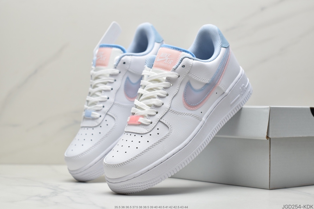 180 耐克Nike Air Force 1’07 GS”White LT Armory Blue”空军一号经典低帮百搭休闲运动板鞋“皮革白淡蓝浅粉双钩子”CW1574-100