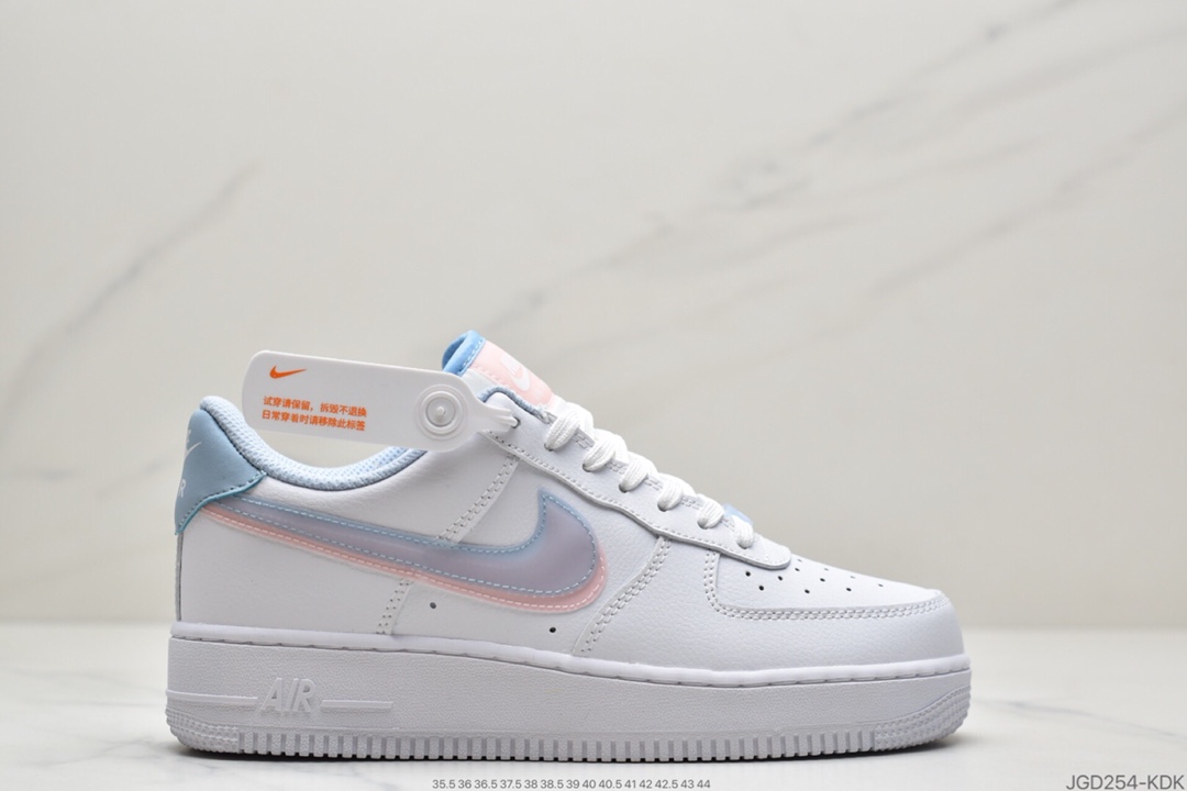 180 耐克Nike Air Force 1’07 GS”White LT Armory Blue”空军一号经典低帮百搭休闲运动板鞋“皮革白淡蓝浅粉双钩子”CW1574-100